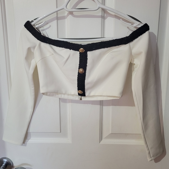 NWT Meshki × Amber Claudia Tweed Trim Bardot Top - Picture 3 of 6